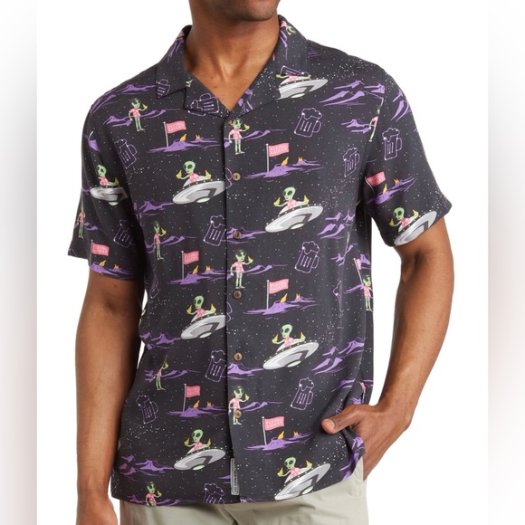 Party Pants Flying Alien Saucer Print Short Sleeve Button-Up Camp Shirt - Picture 1 of 1